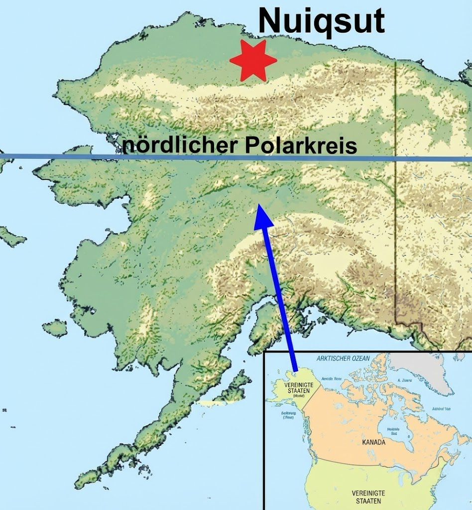 Karte von Alaska mit rotem Stern bei Nuiqsut, nördlicher Polarkreis und blauem Pfeil zum Nordamerika-Inset